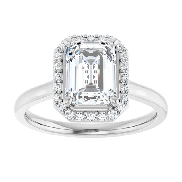 Continuum Silver Emerald Shape Halo Moissanite Solitaire Engagement Ring