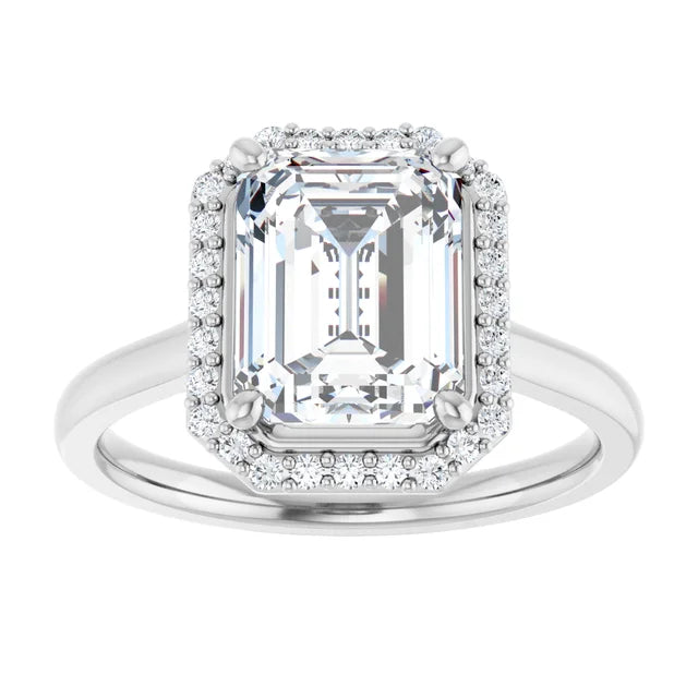 Continuum Silver Emerald Shape Halo Moissanite Solitaire Engagement Ring