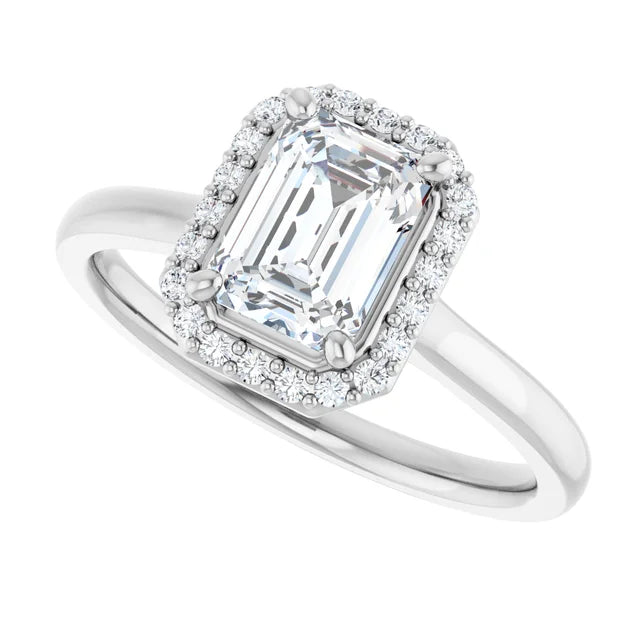Continuum Silver Emerald Shape Halo Moissanite Solitaire Engagement Ring