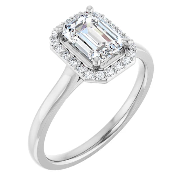 Continuum Silver Emerald Shape Halo Moissanite Solitaire Engagement Ring