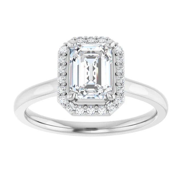 Continuum Silver Emerald Shape Halo Moissanite Solitaire Engagement Ring