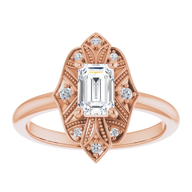 Half Carat Emerald Shape Moissanite Vintage Halo Engagement Ring