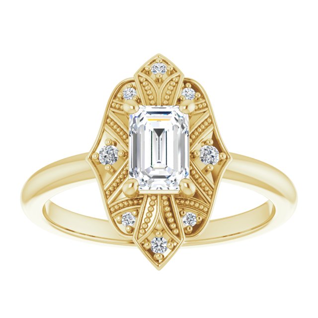 Half Carat Emerald Shape Moissanite Vintage Halo Engagement Ring