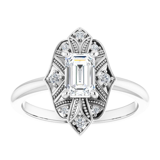 Half Carat Emerald Shape Moissanite Vintage Halo Engagement Ring