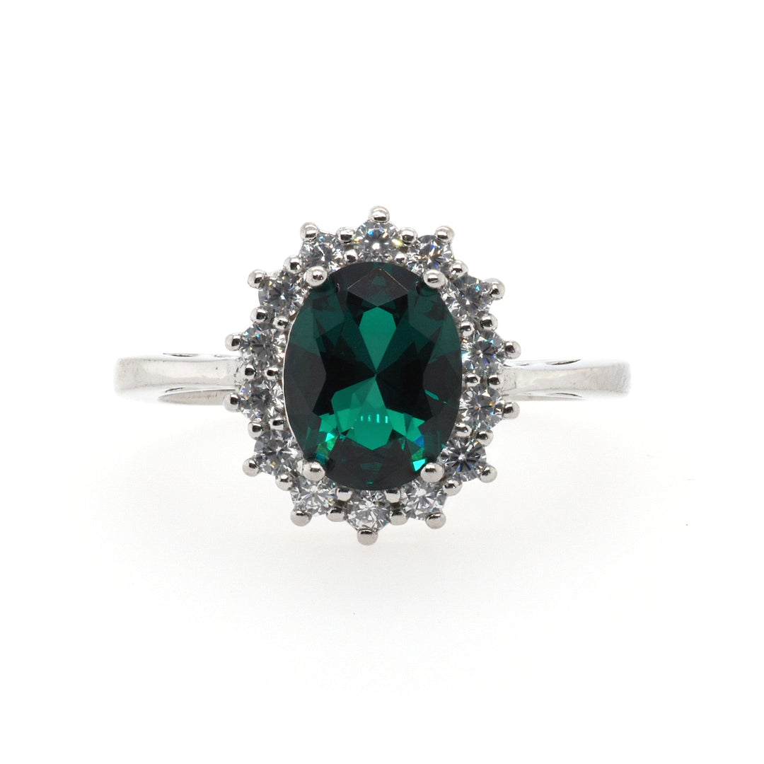 925 Sterling Silver Created Emerald Halo Ring