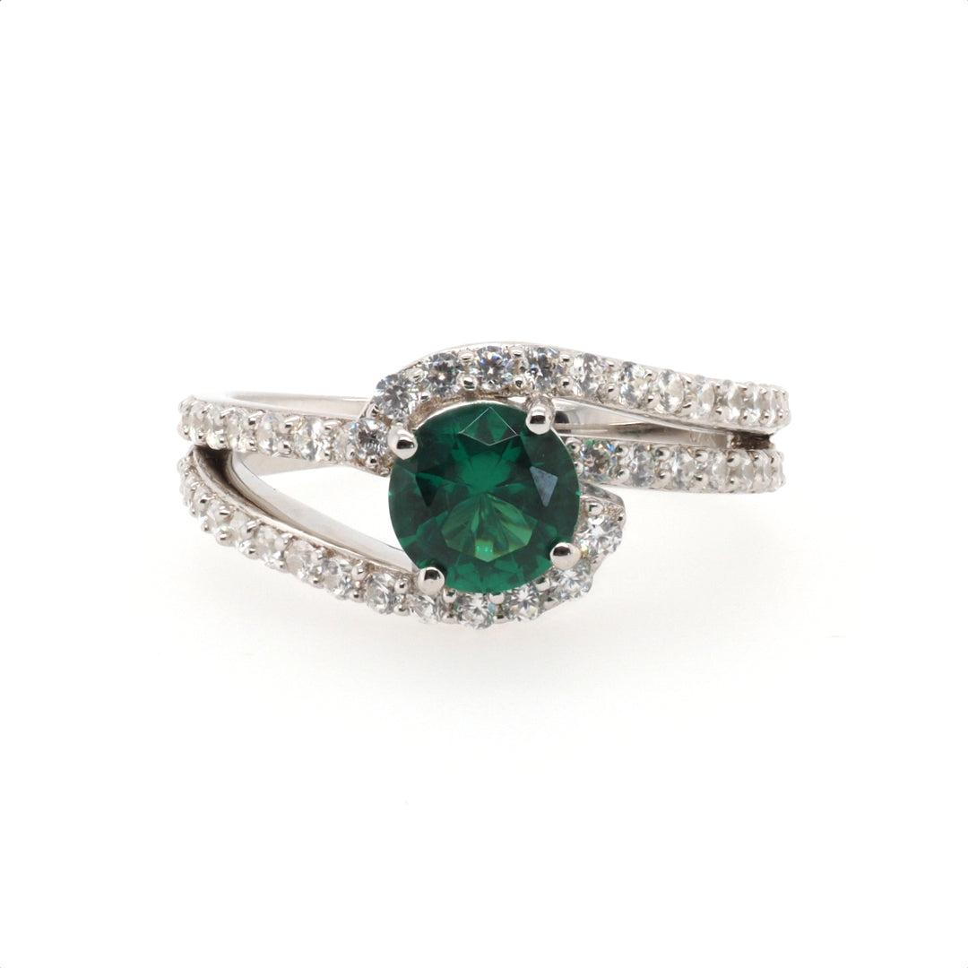 925 Sterling Silver Created Emerald Halo Ring
