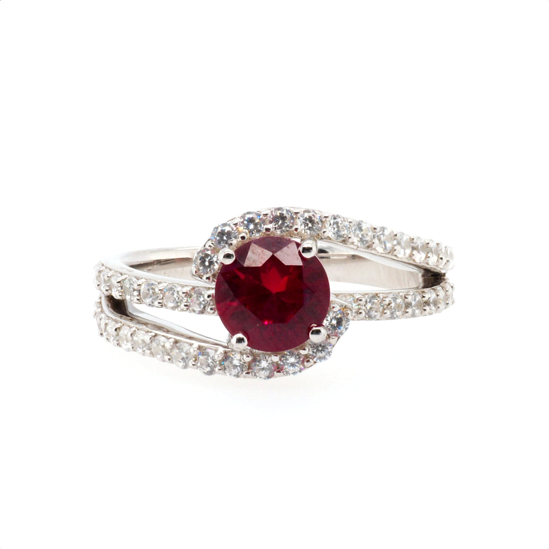 925 Sterling Silver Created Ruby and CZ Halo Ring
