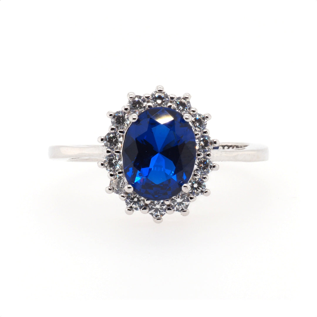 925 Sterling Silver Oval Created Sapphire Halo Ring