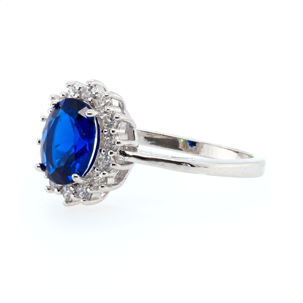 925 Sterling Silver Oval Created Sapphire Halo Ring