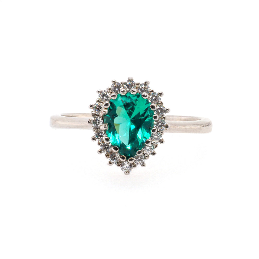 925 Sterling Silver Pear Shape Emerald CZ Halo Ring