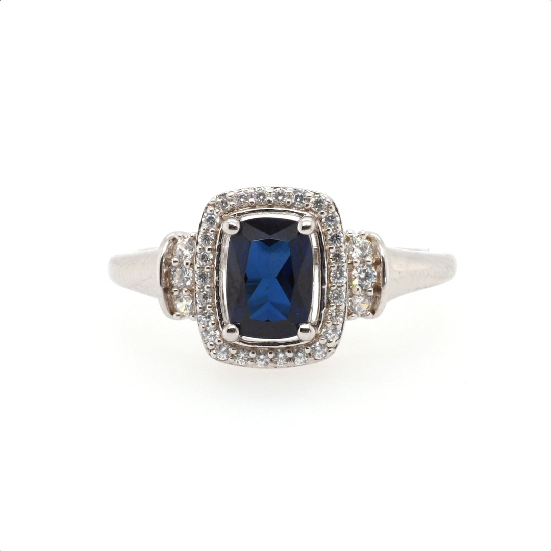 925 Sterling Silver Radiant Created Sapphire Halo Ring