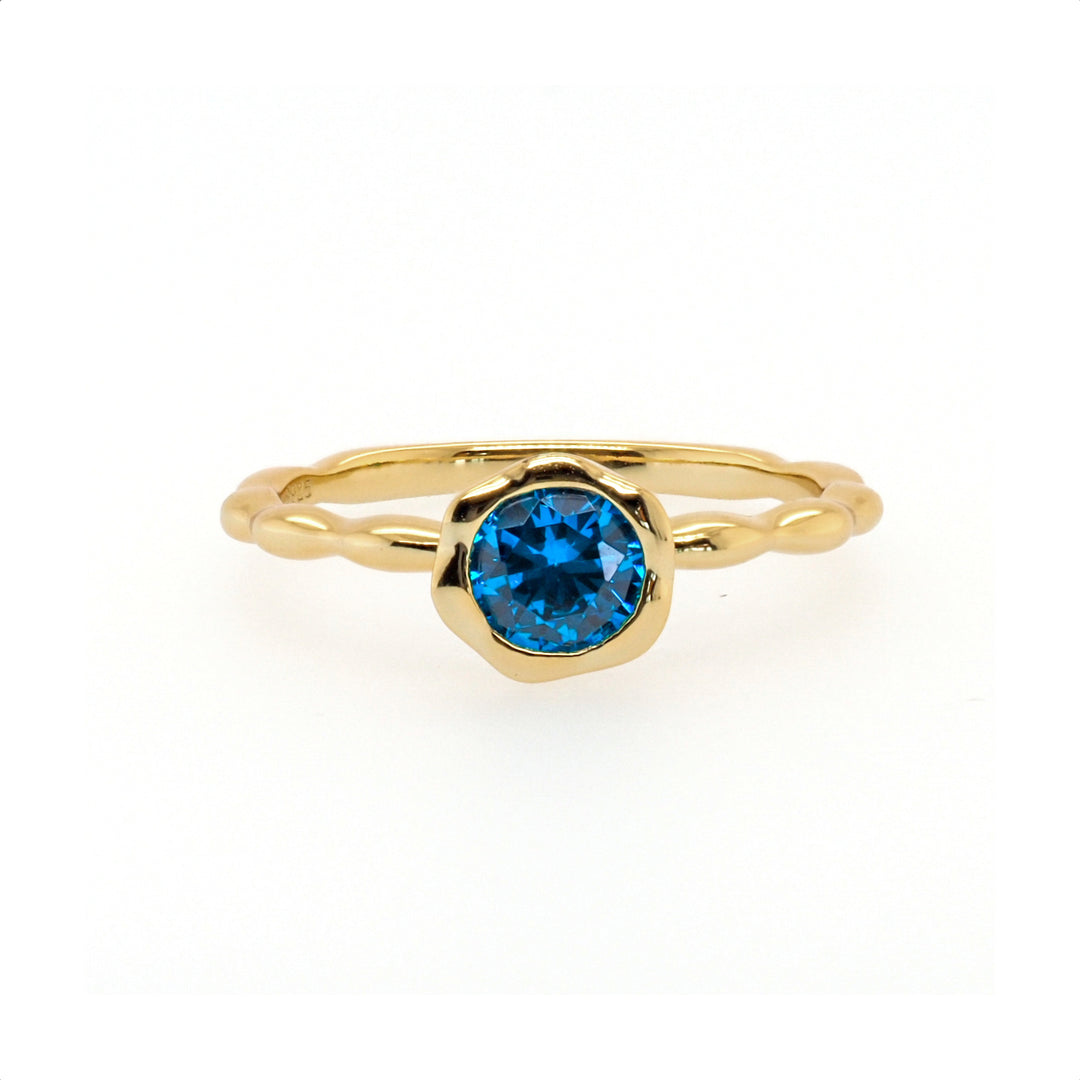 925 Sterling Silver Yellow Gold Plated Blue CZ Ring