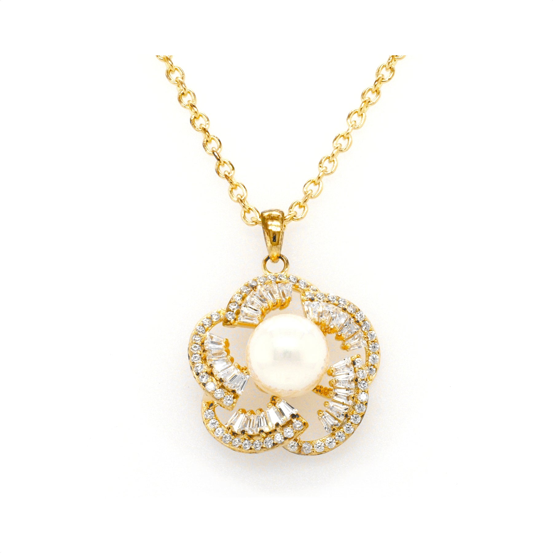925 Sterling Silver Gold Plated Pearl and Cubic Zirconia Necklace