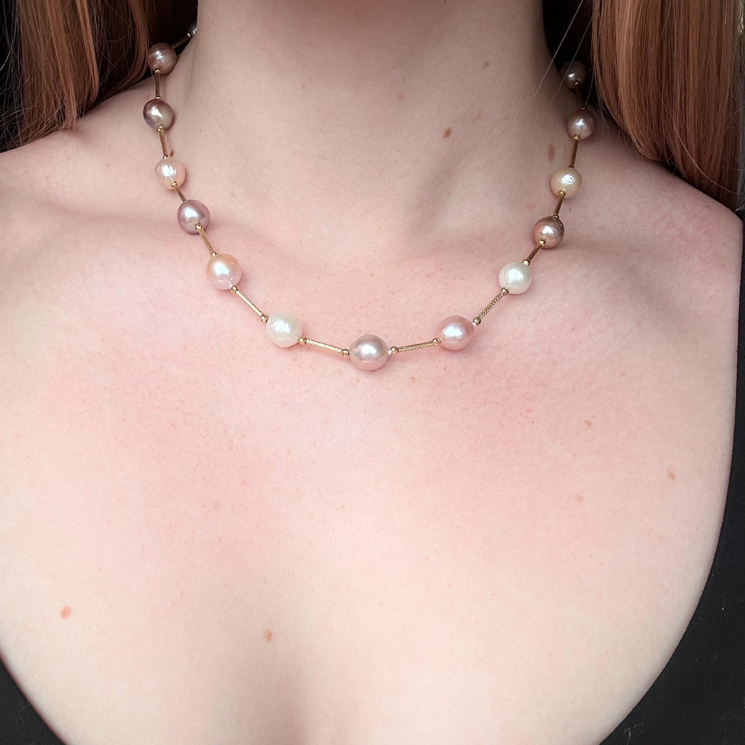 925 Gold plated Baroque Pearl Station Necklace