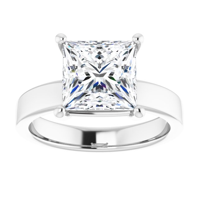 Three Carat Princess Cut Moissanite Solitaire Ring with sleek and modern solid band