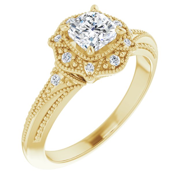 Cushion Cut Moissanite Vintage Ring with Milgrain Detail