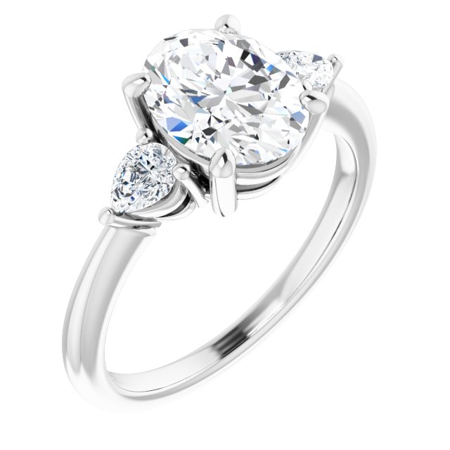 Two Carat Oval Brilliant and Pear Moissanite Three Stone Engagement Ring