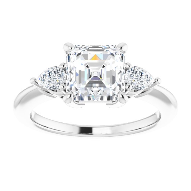 Two Carat Asscher and Pear Moissanite Three Stone Engagement Ring