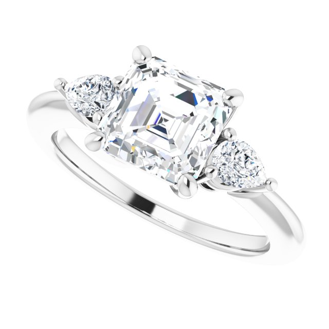Two Carat Asscher and Pear Moissanite Three Stone Engagement Ring