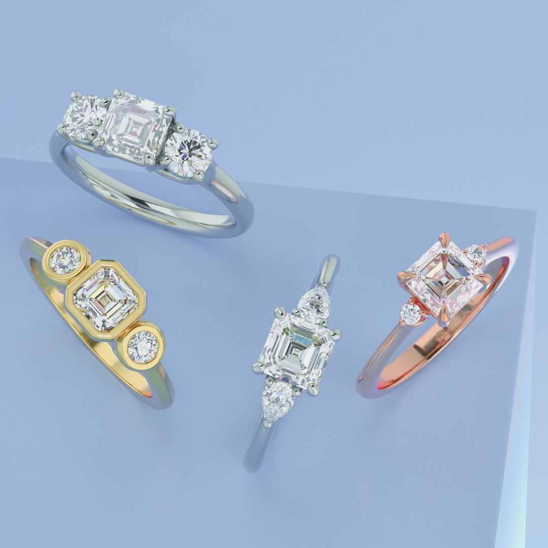 Two Carat Asscher and Pear Moissanite Three Stone Engagement Ring