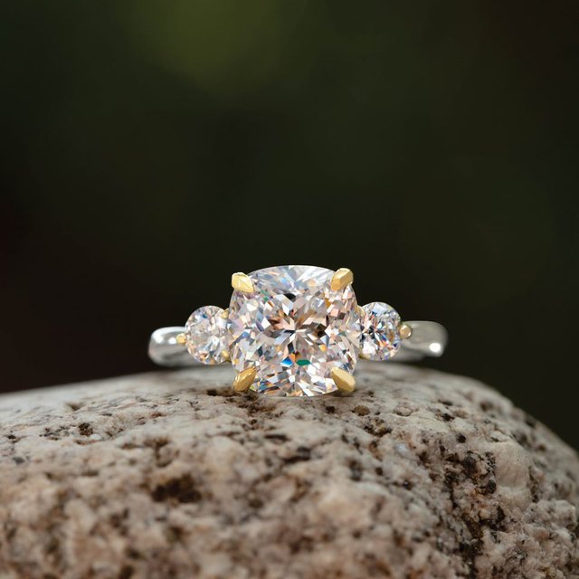 Three Carat Cushion Brilliant Moissanite Three Stone Engagement Ring