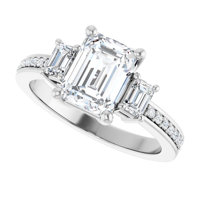 2 Carat Platinum Emerald Brilliant Moissanite Three Stone Engagement Ring