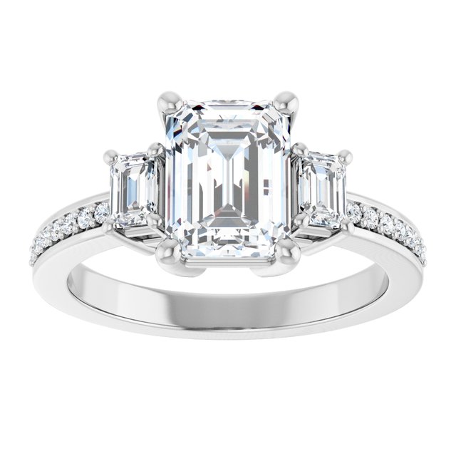 2 Carat Platinum Emerald Brilliant Moissanite Three Stone Engagement Ring