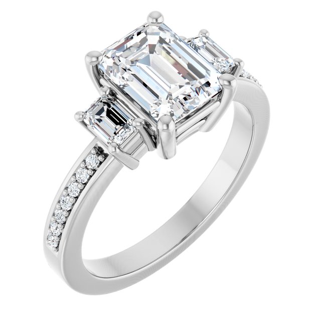 2 Carat Platinum Emerald Brilliant Moissanite Three Stone Engagement Ring
