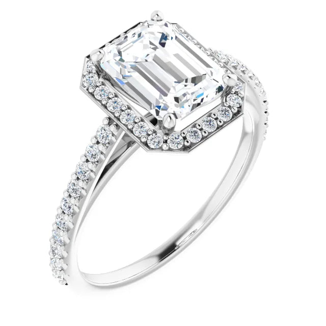 Continuum Silver Emerald Shape Moissanite Halo Accented Engagement Ring