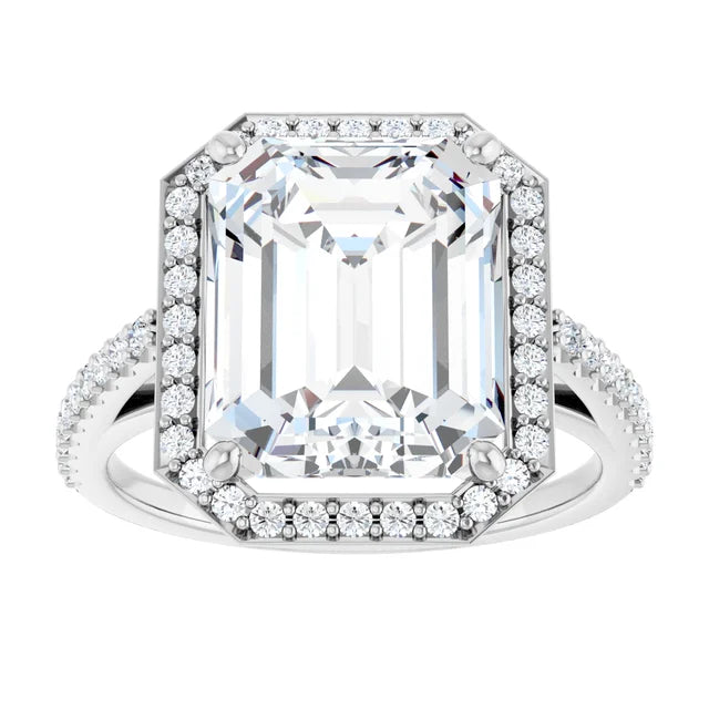 Continuum Silver Emerald Shape Moissanite Halo Accented Engagement Ring