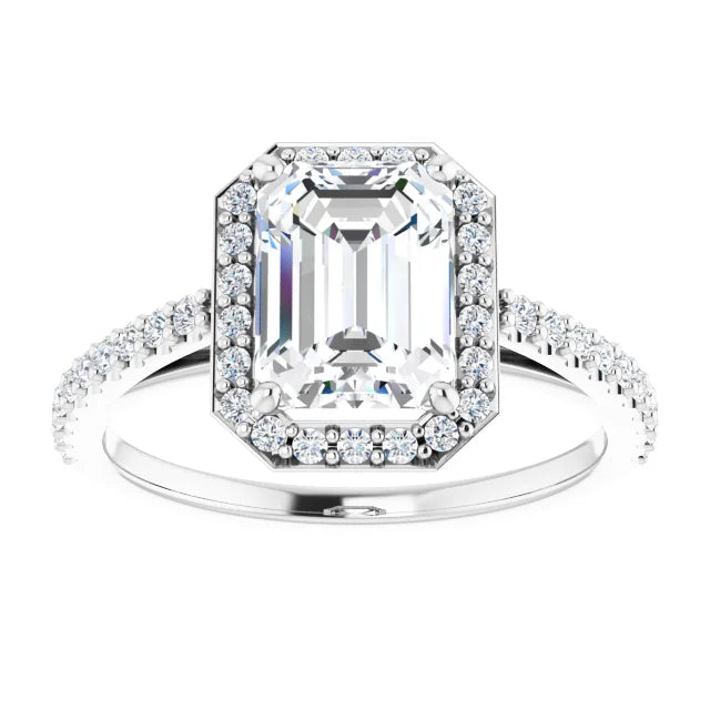Continuum Silver Emerald Shape Moissanite Halo Accented Engagement Ring
