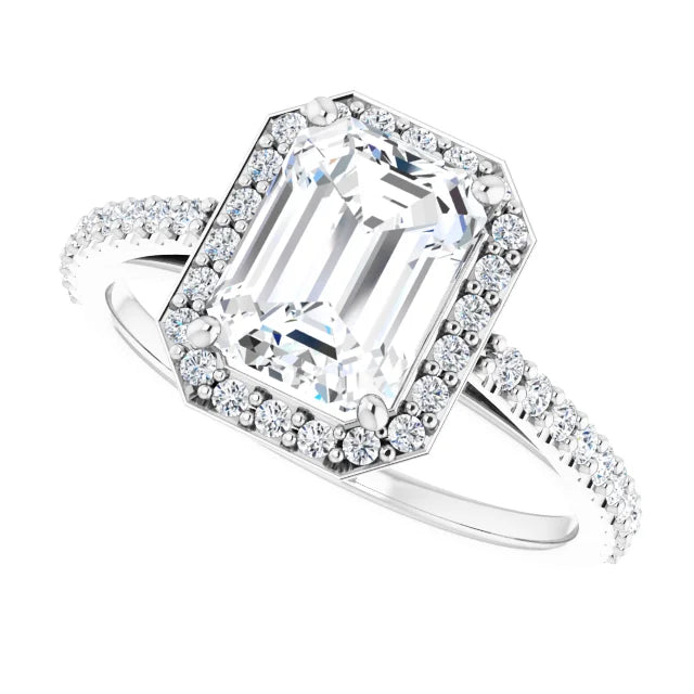Continuum Silver Emerald Shape Moissanite Halo Accented Engagement Ring