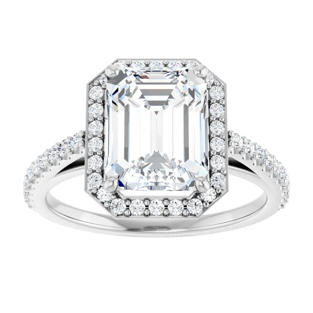 Continuum Silver Emerald Shape Moissanite Halo Accented Engagement Ring