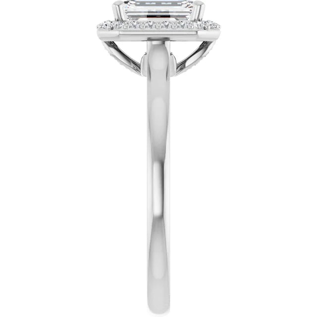 Continuum Silver Emerald Shape Halo Moissanite Solitaire Engagement Ring
