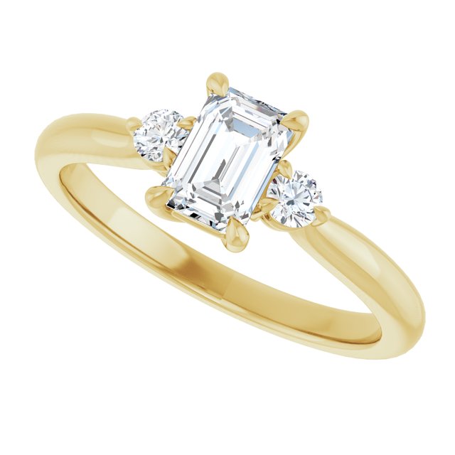 0.73 Carat Yellow Gold Emerald Lab Grown Three Stone Engagement Ring