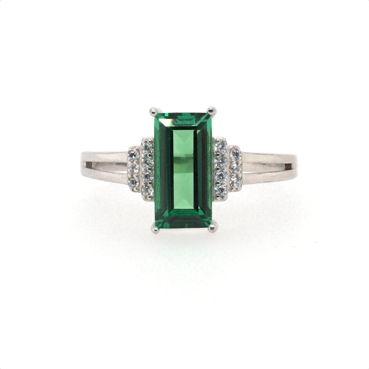 925 Sterling Silver Created Emerald and CZ Accent Ring