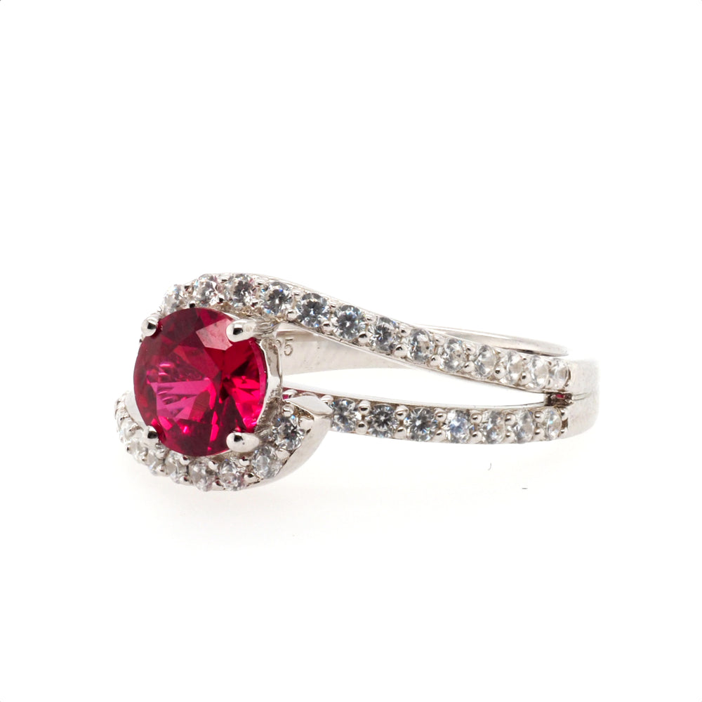 925 Sterling Silver Created Ruby and CZ Halo Ring