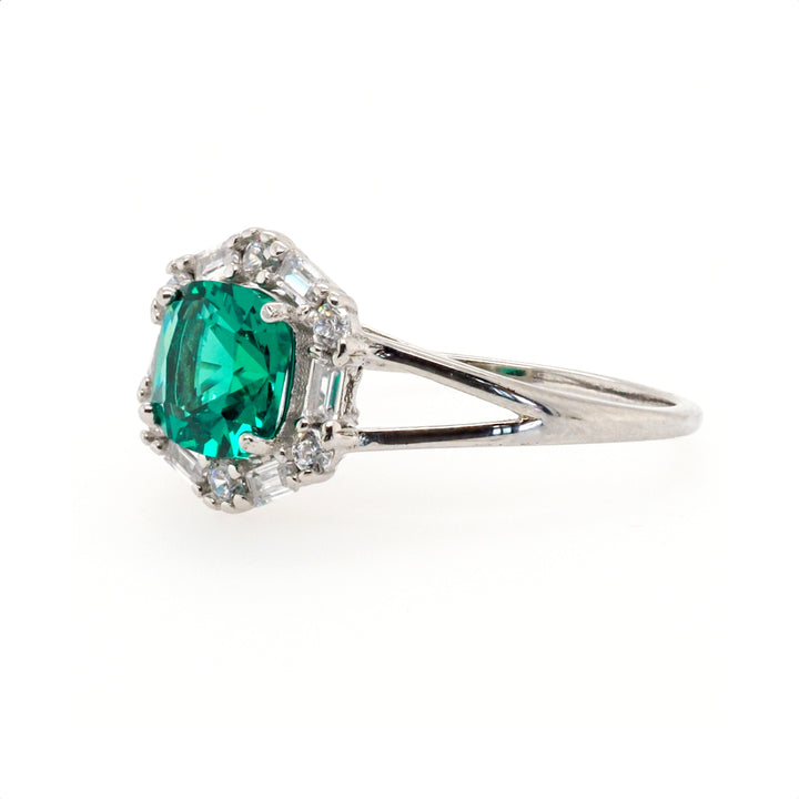 925 Sterling Silver Emerald CZ Halo Ring