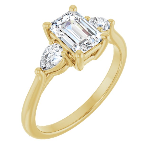 1 Carat Yellow Gold Emerald Brilliant Moissanite Three Stone Engagement Ring
