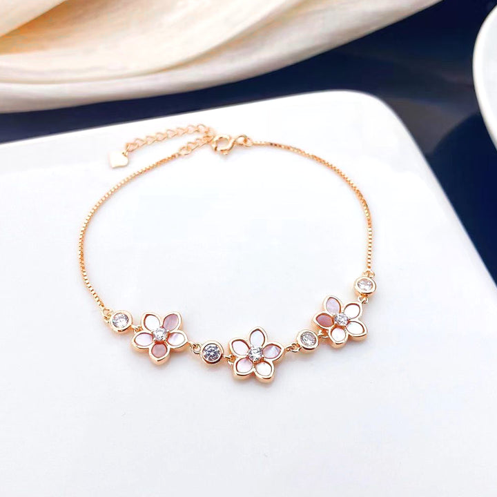 Floral Rose Gold-Plated Sterling Silver Bracelet with Cubic Zirconia and Mother of Pearl