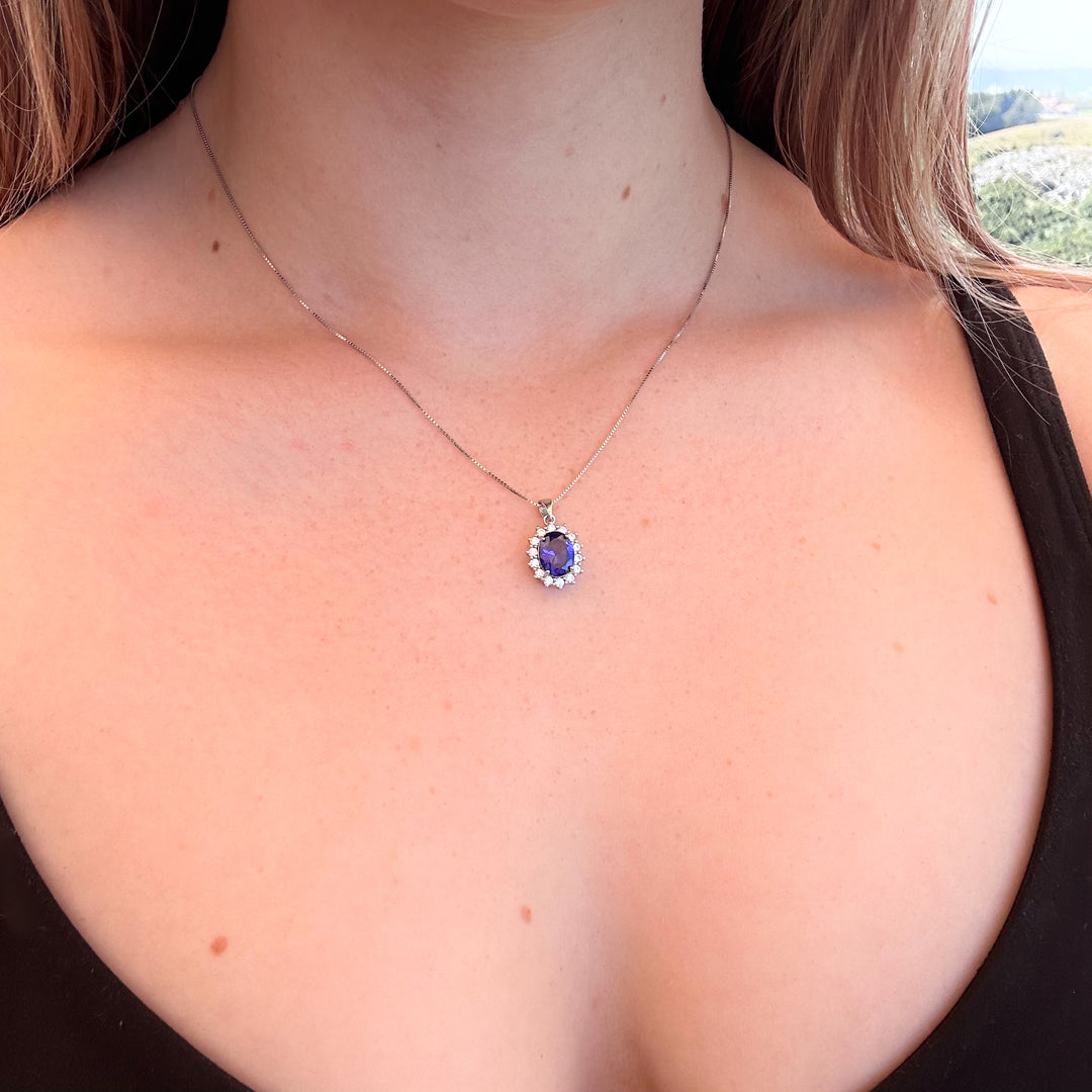 Sterling Silver Oval Shape Created Sapphire and CZ Halo Pendant