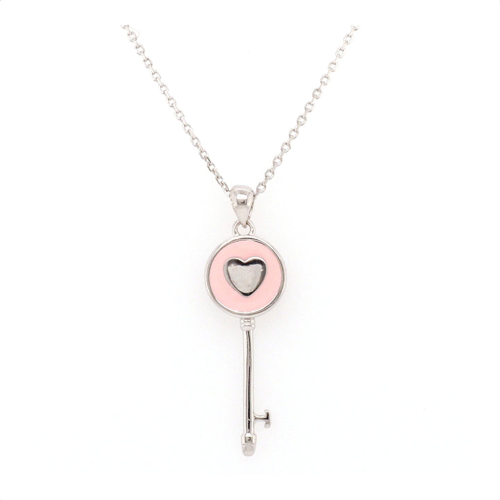 925 Sterling Silver Key Pendant with Pink Enamel