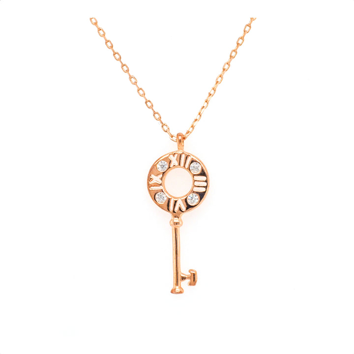 925 Sterling Silver Rose Gold Plated Roman Numeral Clock Dial Key Pendant