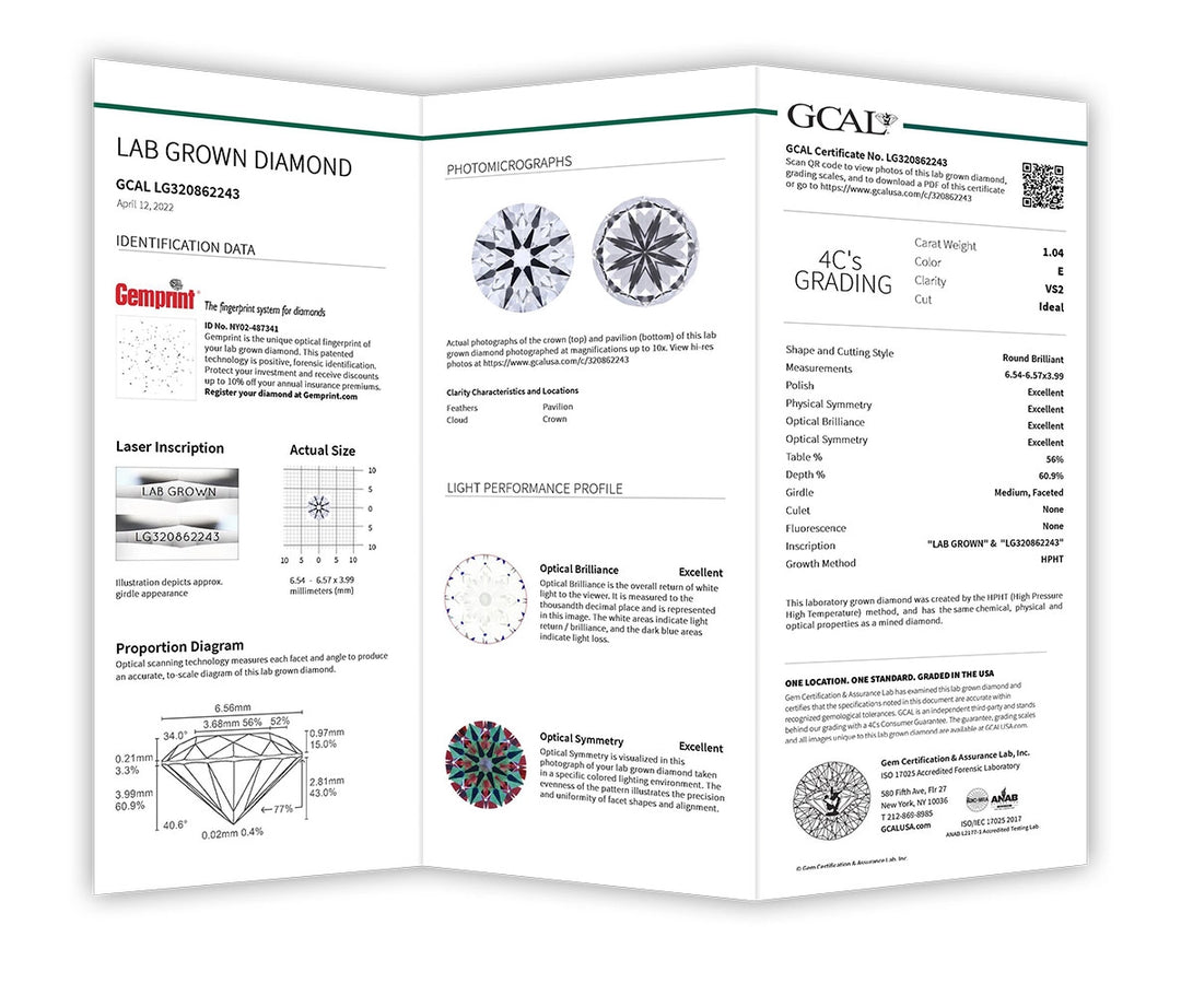 A diamond grading certification for lab grown diamonds that talks about the diamond four c's