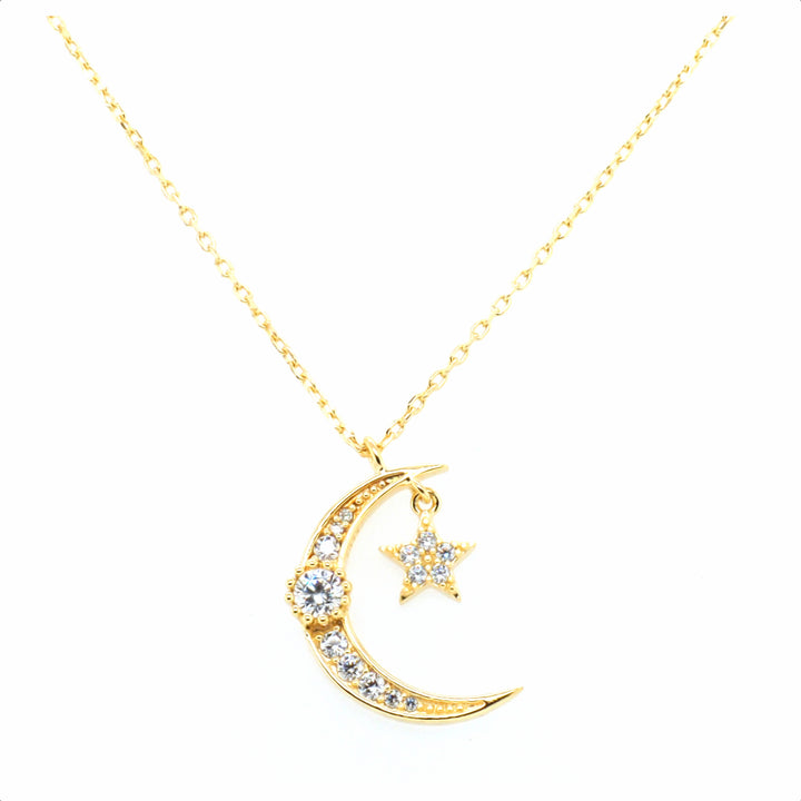 925 Sterling Silver Yellow Gold Plated Moon and Star CZ Pendant