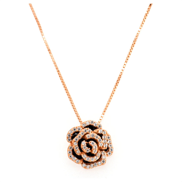 925 Sterling Silver Rose Gold Plated and Black Enamel CZ Rose Pendant