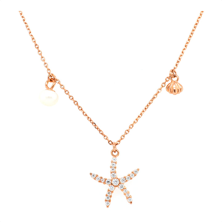 925 Sterling Silver Rose Gold Plated Starfish Pearl and Shell Necklace
