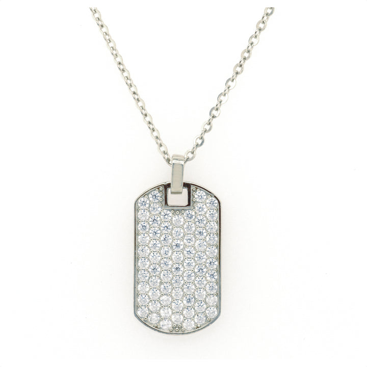 925 Sterling Silver White Gold Plated CZ Dog Tag