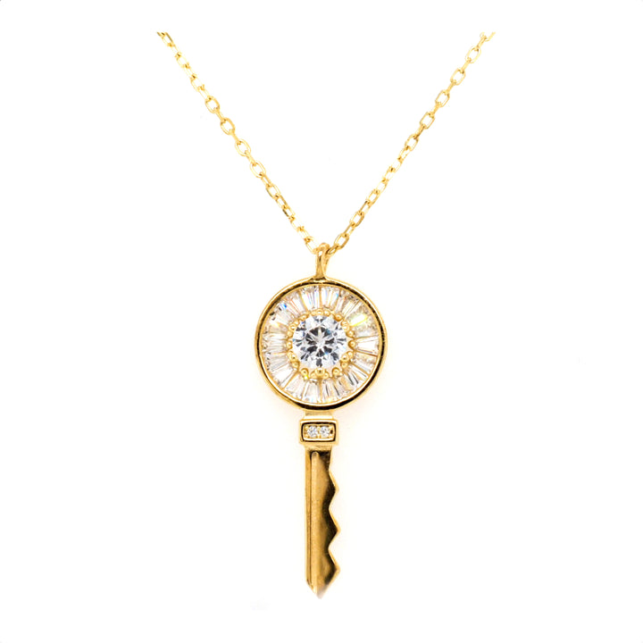 925 Sterling Silver Yellow Gold Plated CZ Key Pendant